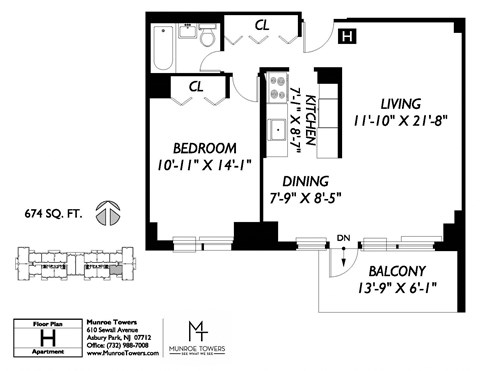 Floor plan for 1 bed, 1 bath, 674 sqft
